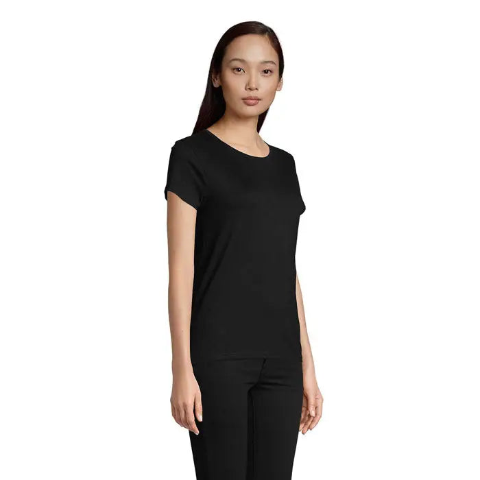 Tricou pionier women 175g negru cu mâneci scurte din bumbac, croială clasică și guler rotund pentru femei