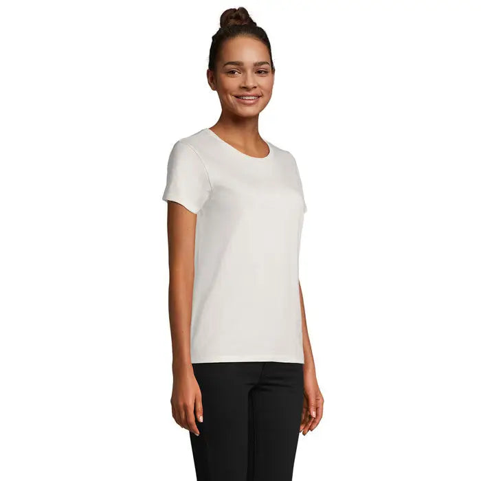 Tricou Pioneer women 175g alb simplu cu mâneci scurte și decolteu rotund din material ușor