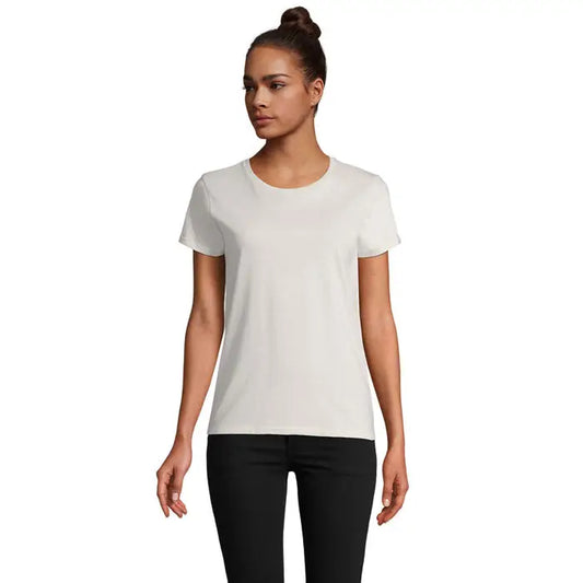 Tricou pioneer women 175g simplu din bumbac off-white cu guler rotund clasic si maneci scurte
