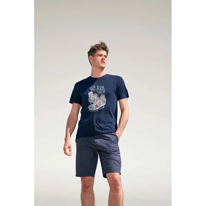 Tricou uni odyssey 170g culoare albastru navy din bumbac cu imprimeu alb si rosu textul we are fearless