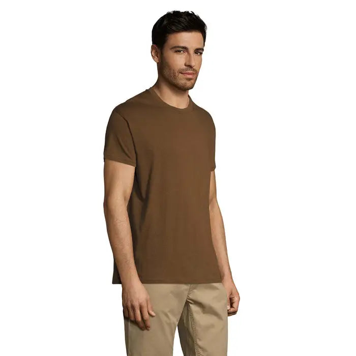 Tricou uni REGENT 150g pentru bărbați maro solid cu mâneci scurte și guler rotund din material de 150g