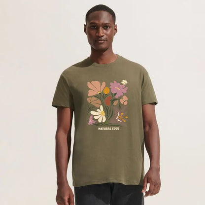 Tricou uni regent 150g olive green din bumbac cu grafica florala colorata si text natural soul sub print