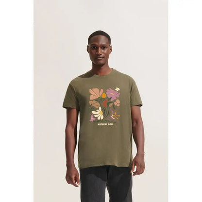 Tricou uni regent 150g din bumbac culoare olive green cu imprimeu floral colorat si text natural soul