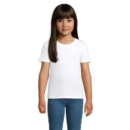 Tricou alb pentru copii trioc crusader kids 150g din bumbac cu guler rotund si maneci scurte