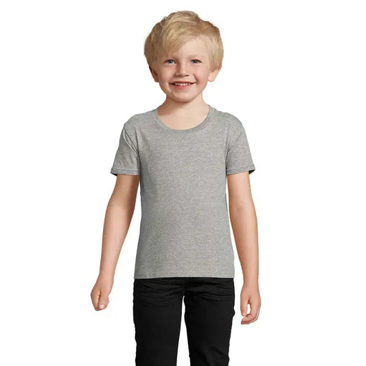 Tricou gri melanj din bumbac 150g cu decolteu rotund clasic si maneci scurte pentru copii trioc crusader