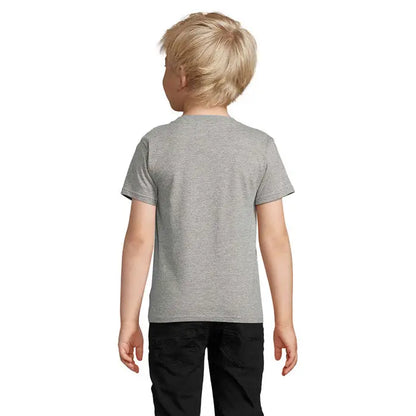 Tricou copii trioc crusader 150g din bumbac gri melanj cu decolteu rotund simplu si maneci scurte