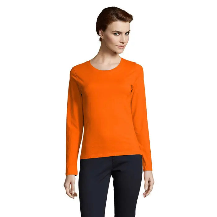 Top femei imperial bright orange cu mâneci lungi și decolteu rotund simplu din material ușor