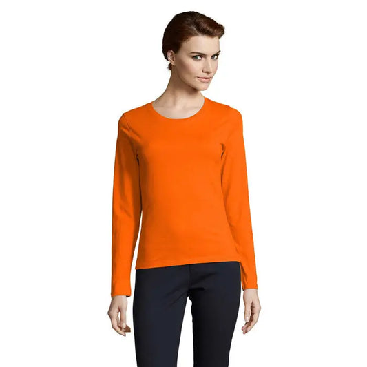 Top femeie imperial bright orange cu mâneci lungi și decolteu rotund simplu din material textil moale