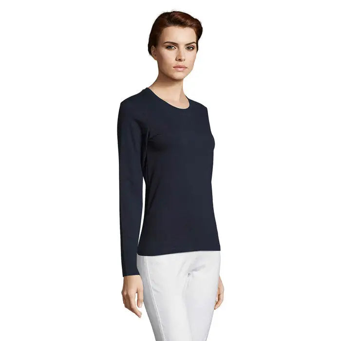 Trio de femeie imperial lsl un top bleumarin elegant maneci lungi cu decolteu rotund si material elastic fin