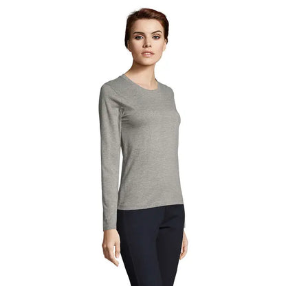 Tricou de femeie imperial lsl gri melanj cu mâneci lungi și guler simplu rotund din material fin