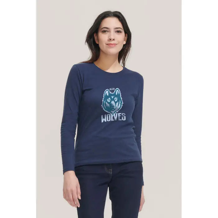 Tricou navy albastru maneca lunga femei cu imprimeu lup teal si alb si text blue wolves pe piept