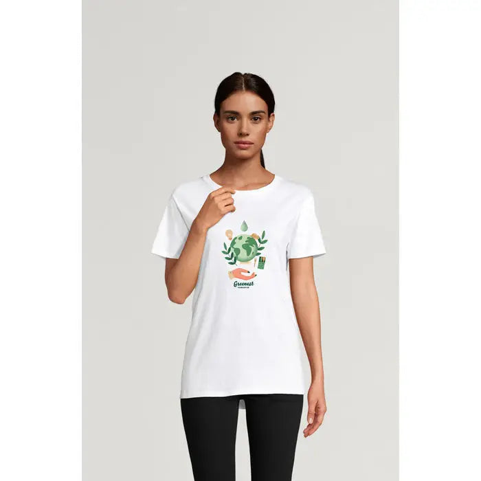 Tricou alb din bumbac trioc epic uni 140g cu design verde si bej al globului ilustrat cu frunze si picaturi de apa
