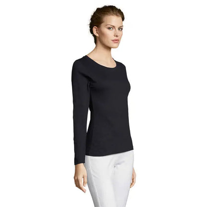 Top negru cu mâneci lungi trioc majestic lg din material neted și elastic cu decolteu rotund simplu