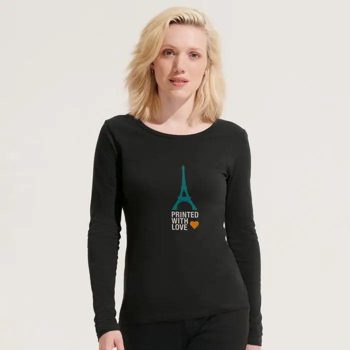 Top negru cu mânecă lungă și imprimeu turnul eiffel turcoaz și text printed with love model trioc majestic lg