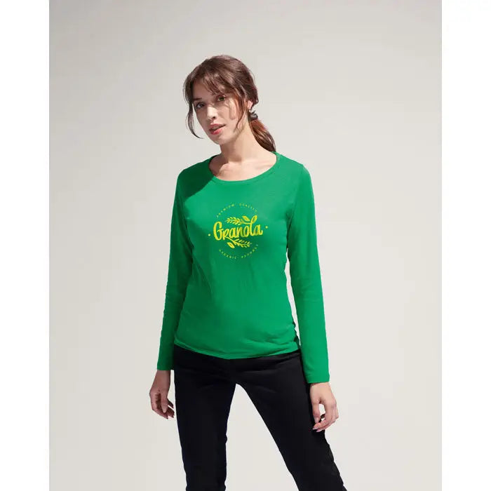 Tricou verde dama cu maneca lunga si design galben granola model trioc majestic lg