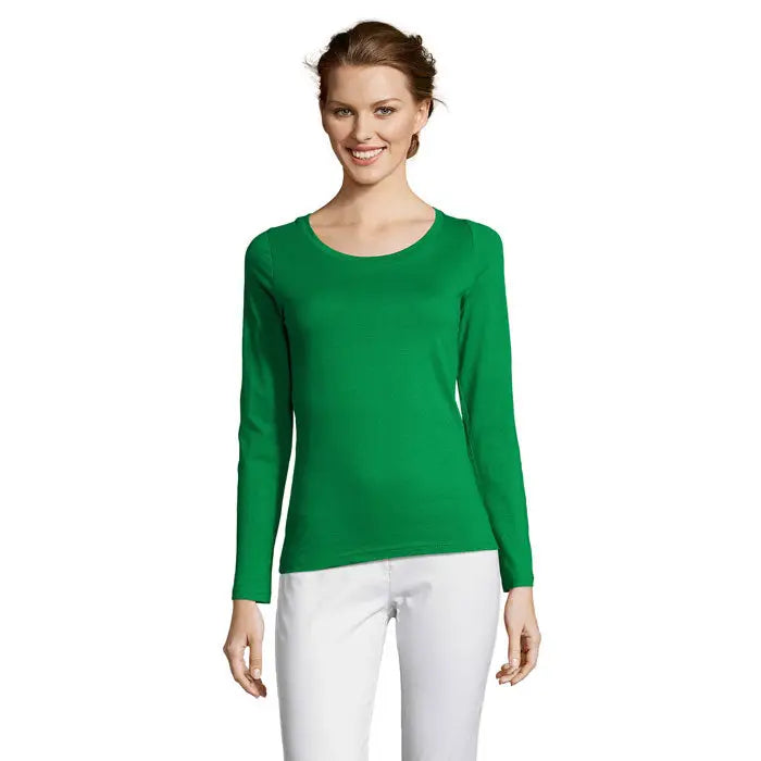 Tricou trioc majestic lg maneca cu maneci lungi verde vibrant din material neted si elastic cu decolteu rotund simplu