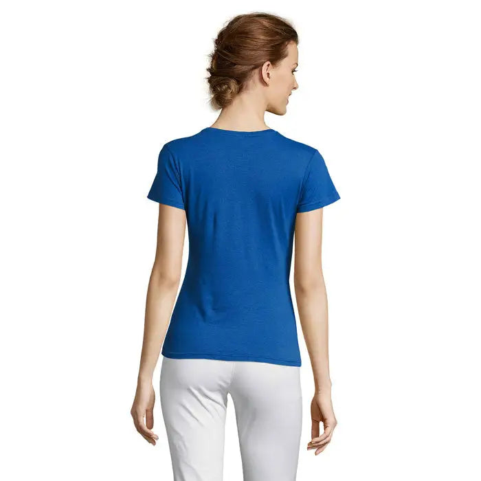 Tricou miss femei 150 albastru regal vibrant cu mâneci scurte și decolteu rotund simplu din material confortabil