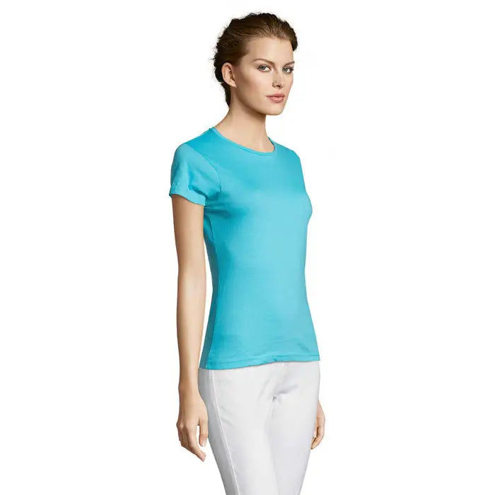 Tricou trioc miss femei 150 albastru turcoaz cu mâneci scurte și guler rotund clasic din material solid