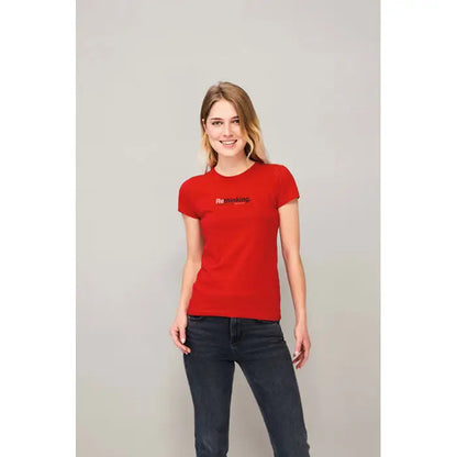 Tricou roșu de damă cu mâneci scurte și text re-thinking imprimat negru pe piept model trioc miss femei 150
