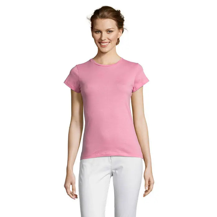 Tricou miss femei 150 roz pal cu mâneci scurte și decolteu rotund simplu, din material moale