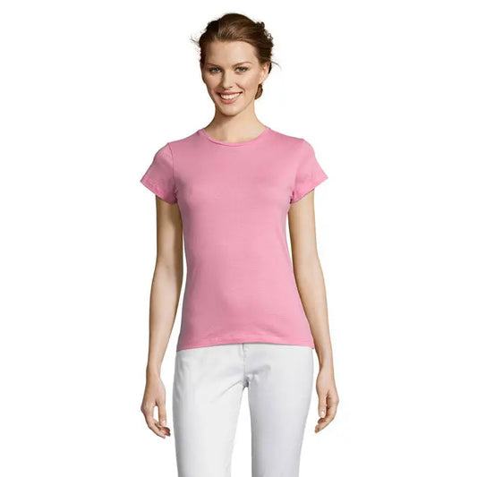 Tricou miss femei 150 roz deschis din bumbac cu mâneci scurte și decolteu rotund simplu