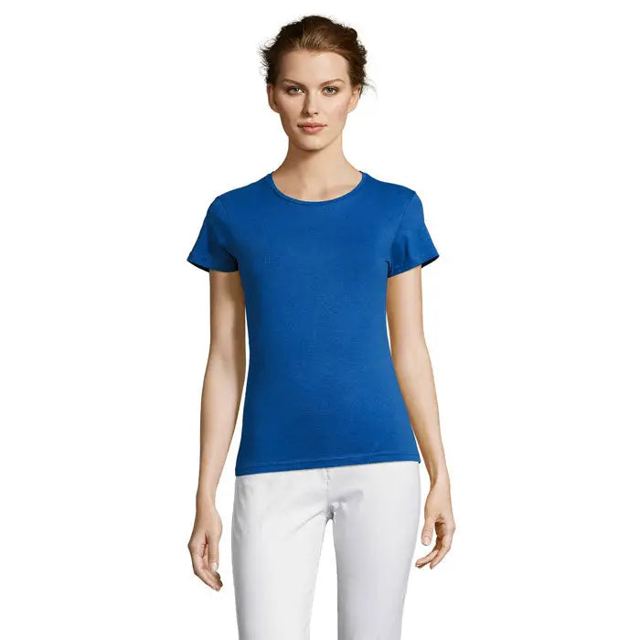 Tricou miss femei 150 albastru royal vibrant cu mâneci scurte și guler rotund clasic din bumbac