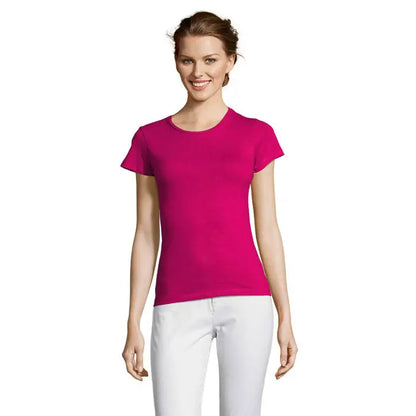 Tricou femei trio miss fucsia vibrant cu mâneci scurte și țesătură elastică netedă și croială clasică
