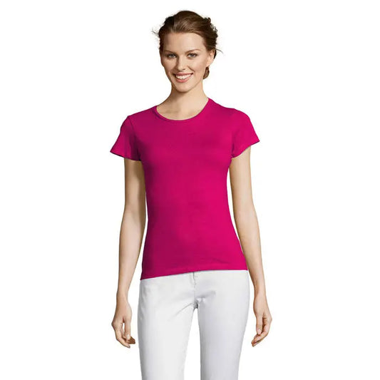 Tricou miss femei 150 fucsia vibrant cu mâneci scurte, guler clasic și material neted, mulat