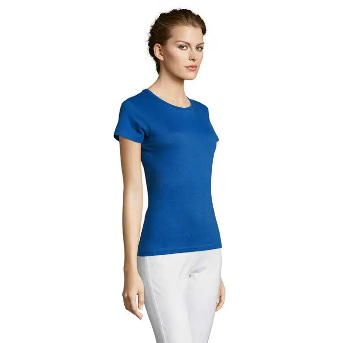 Tricou miss femei 150 albastru regal vibrant cu mâneci scurte guler rotund și material neted și elastic