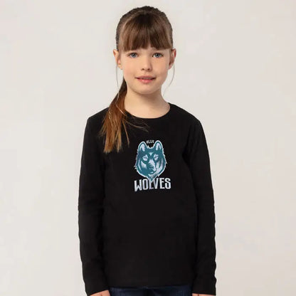Tricou imperial lsl pentru copii negru cu maneci lungi si grafică albastru teal si alb cu cap de lup si blue wolves
