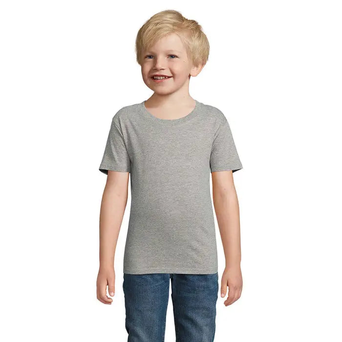 Tricou gri heather organic din bumbac pentru copii trioc pioneer cu decolteu rotund si maneci scurte