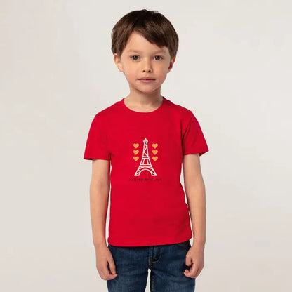 Tricou rosu organic pentru copii trioc pioneer cu contur alb al turnului eiffel si inimi portocalii printat cu dragoste