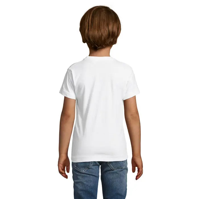 Tricou alb din bumbac pentru copii cu croială regent fit și guler simplu rotund cu mâneci scurte