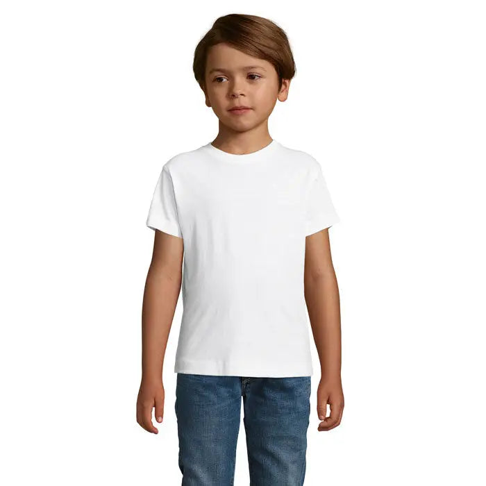 Tricou alb pentru copii trioc regent fit cu mâneci scurte și guler rotund din material 150