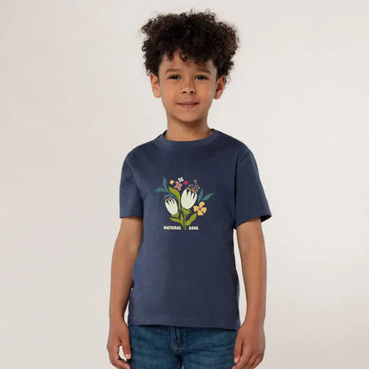 Tricou copii navy blue din bumbac 150g cu grafica florala colorata si text natural soul model trioc regent kids