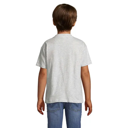 Tricou copii trioc regent kids gri melanj din bumbac 150g cu guler simplu si maneci scurte