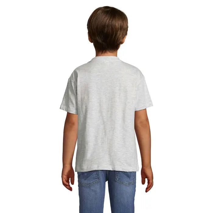 Tricou pentru copii trioc regent kids gri melanj din bumbac 150g cu decolteu rotund si maneci scurte