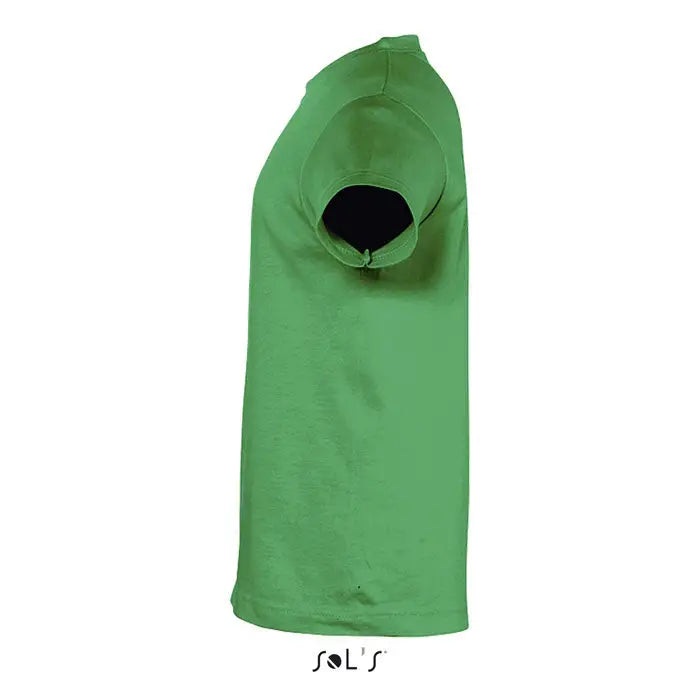 Tricou scurt verde pentru copii trioc regent 150g cu guler rotund simplu si tivuri cusute uniform