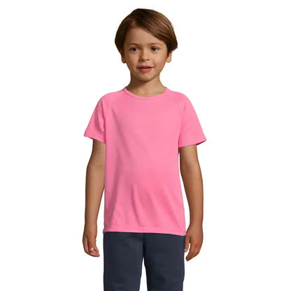 Tricou roz aprins cu maneci scurte din bumbac 140g trioc sporty pentru copii cu decolteu simplu rotund