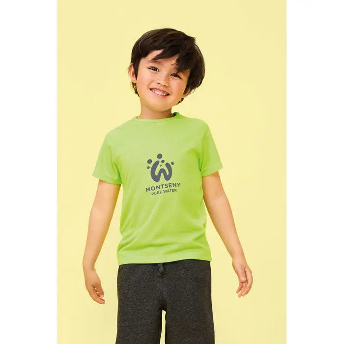 Tricou verde lime pentru copii cu maneci scurte si logo montseny pure water gri inchis din material 140g