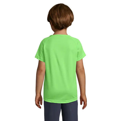 Tricou sportiv pentru copii trioc verde neon cu mânecă scurtă și design simplu la gât 140g