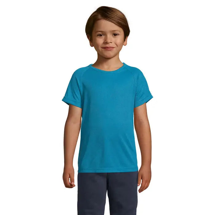 Tricou sportiv pentru copii trioc de 140g, turcoaz deschis, cu maneci scurte si detalii fine pe margini