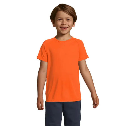 Tricou portocaliu aprins cu mâneci scurte și guler rotund clasic trioc sporty pentru copii 140g