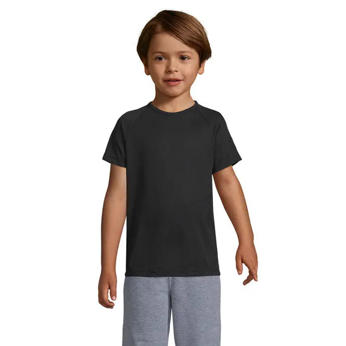 Tricou negru pentru copii cu mâneci raglan scurte din material 140g model trioc sporty