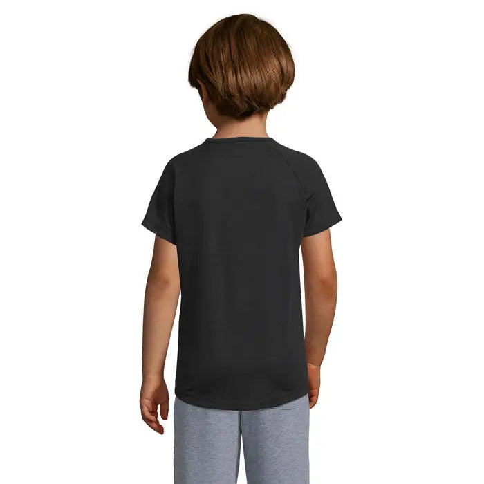 Tricou negru pentru copii cu mâneci raglan și decolteu rotund din material 140g trioc sporty