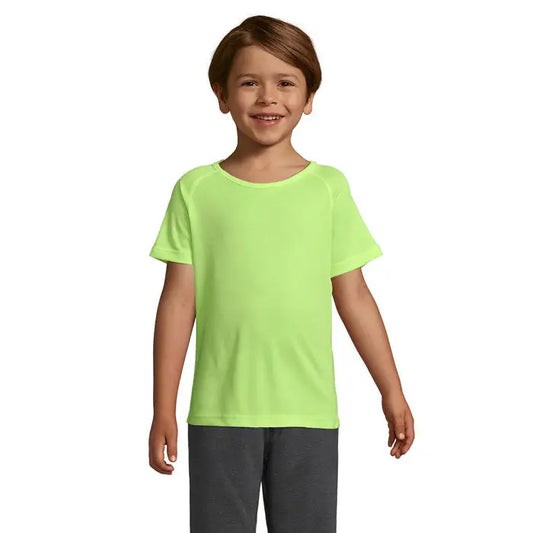 Tricou verde neon fluorescent cu mâneci scurte și guler rotund simplu din material de 140g pentru copii trioc sporty