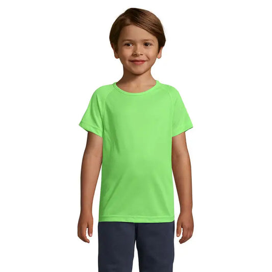 Tricou sportiv pentru copii trioc verde neon cu mânecă scurtă și gât rotund din material de 140g