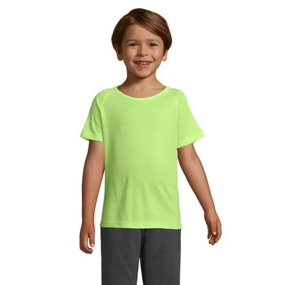 Tricou sportiv pentru copii bright neon green scurt cu gat rotund din bumbac 140g ideal activitati sportive
