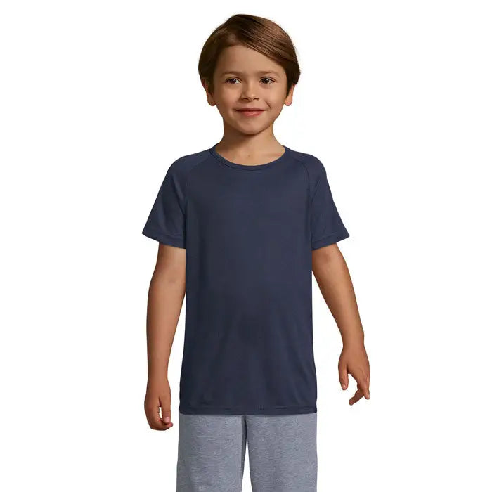 Tricou sport pentru copii albastru navy cu mâneci scurte și cusături subtile din material 140g