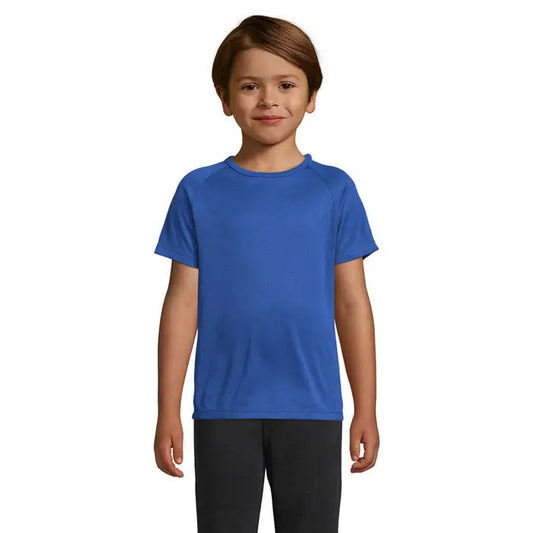 Tricou albastru sportiv pentru copii cu mânecă scurtă, gât rotund și cusături subtile 140g